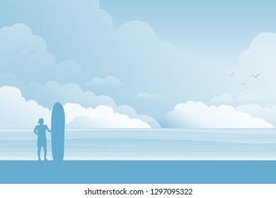 Vector silhouette of a man with surfboard on the beach. 