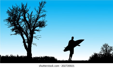 Vector silhouette of a man with surfboard on a beautiful day.