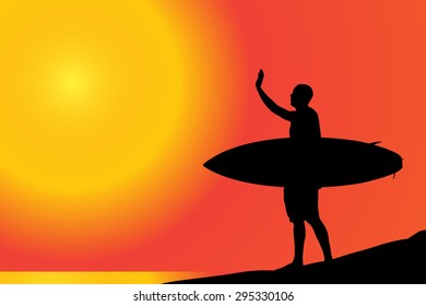 Vector silhouette of a man with surfboard on the beach.