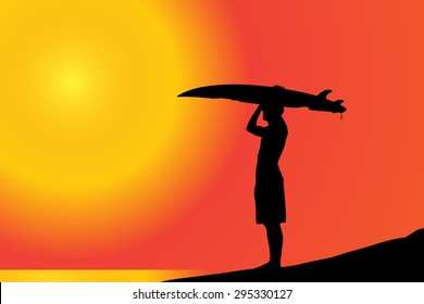 Vector silhouette of a man with surfboard on the beach.