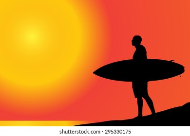 Vector silhouette of a man with surfboard on the beach.
