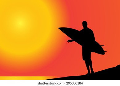 Vector silhouette of a man with surfboard on the beach.