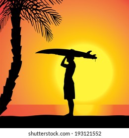 Vector silhouette of a man with a surfboard at sunset.