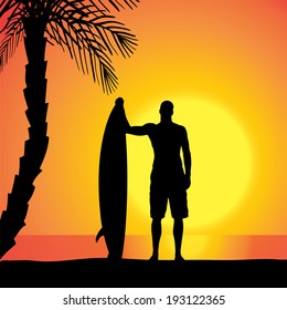 Vector silhouette of a man with a surfboard at sunset.