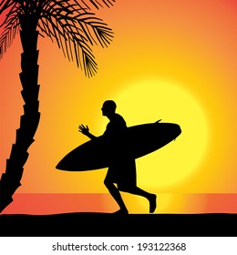 Vector silhouette of a man with a surfboard at sunset.