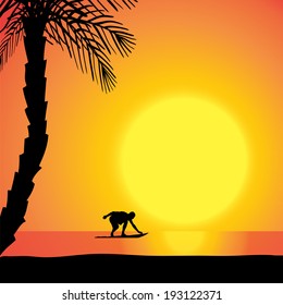 Vector silhouette of a man with a surfboard at sunset.