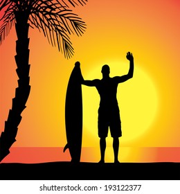 Vector silhouette of a man with a surfboard at sunset.