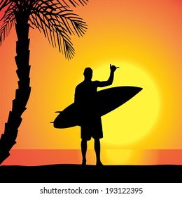Vector silhouette of a man with a surfboard at sunset.