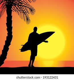 Vector silhouette of a man with a surfboard at sunset.