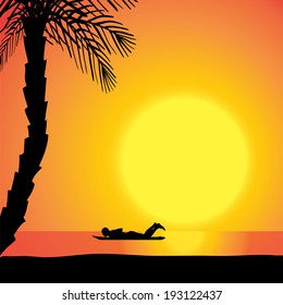 Vector silhouette of a man with a surfboard at sunset.