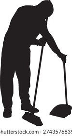 vector, silhouette of a man sweeping with a dustpan