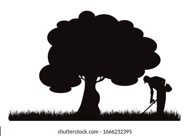 Silueta vectorial del hombre que siembra la hierba sobre fondo blanco. Símbolo de la naturaleza y el trabajo.