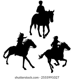 Vector silhouette of a man and two women riding a horses, different poses, black color, isolated on a white background