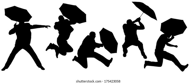 Vector silhouette of a man with an umbrella on a white background.
