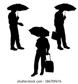 Vector silhouette of a man with a umbrella on a white background.