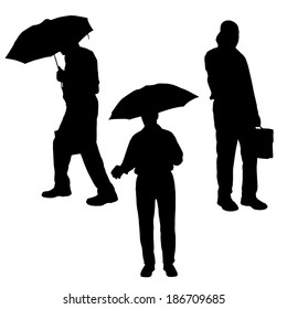 Vector silhouette of a man with a umbrella on a white background.