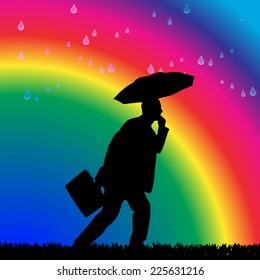 Vector silhouette of a man with umbrella and rainbows.
