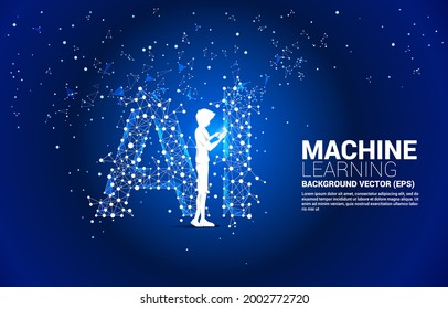 El hombre de la silueta vectorial usa el teléfono móvil línea de conexión punto polígono con forma de IA. Concepto de aprendizaje automático e inteligencia artificial.