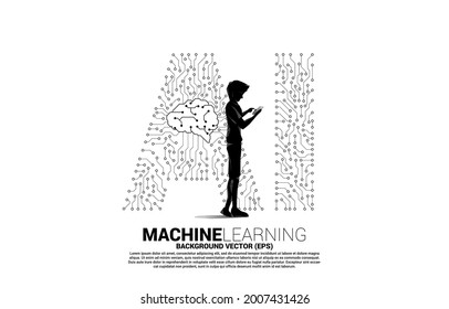 El hombre de la silueta vectorial usa el teléfono móvil y la línea de conexión de puntos de fondo en forma de IA y centro de CPU. Concepto de aprendizaje automático e inteligencia artificial.