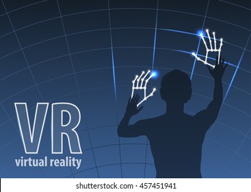 Vector silhouette man in virtual reality helmet. Outline males in VR headset against abstract background. Illustration modern cyber technologies and hands tracking. Visualization hands remote control.