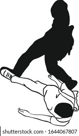 Vector silhouette of man walk on white background from top view.