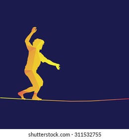 Vector silhouette of a man walking on a slackline. Yellow sunny triangles on a blue background.