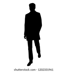 Vector silhouette of man  walking, outerwear,  business people, black color,  isolated on white background