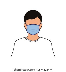 Vector silhouette of a man wearing a breathing medical respiratory protection mask, isolated on white background.