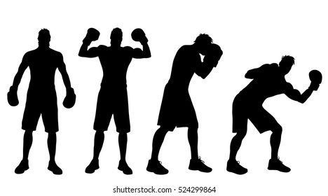 Vector silhouette of man who boxes on white background.