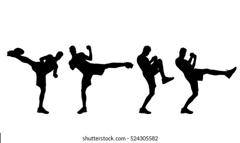 Vector silhouette of man who boxes on white background.