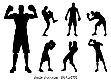 Vector silhouette of man who boxing on white background.