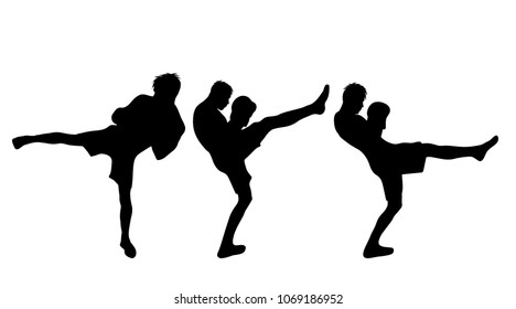 Vector silhouette of man who boxing on white background.