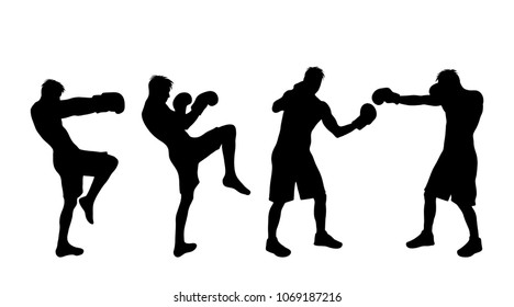 Vector silhouette of man who boxing on white background.
