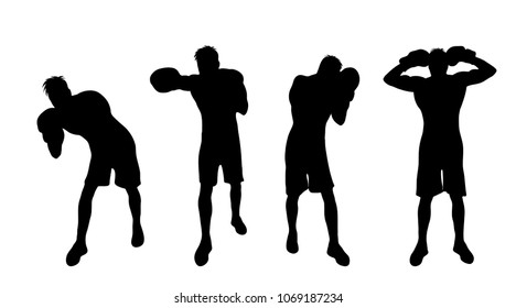 Vector silhouette of man who boxing on white background.