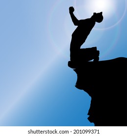 Vector silhouette of a man who climbs rocks.