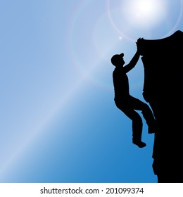 Vector silhouette of a man who climbs rocks.