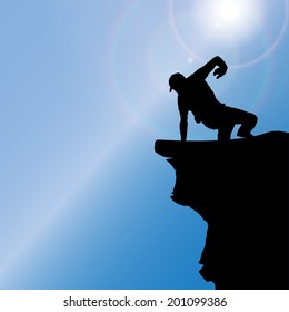 Vector silhouette of a man who climbs rocks.