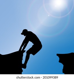 Vector silhouette of a man who climbs rocks.