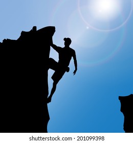 Vector silhouette of a man who climbs rocks.