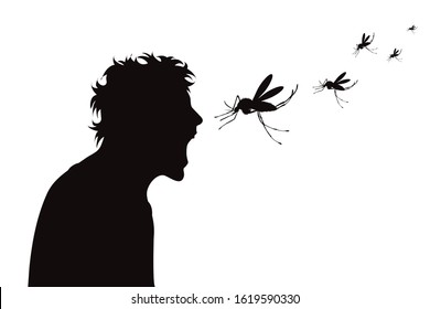 Vector silhouette of man who crying to mosquito on white background. Symbol of annoying insect.