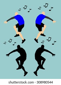 Vector silhouette of a man who dances on a background. Crazy dance vector silhouette illustration.