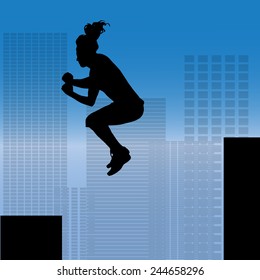 Vector silhouette of a man who does parkour in city.