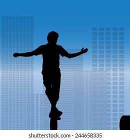 Vector silhouette of a man who does parkour in city.