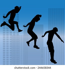 Vector silhouette of a man who does parkour in city.