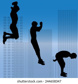 Vector silhouette of a man who does parkour in city.