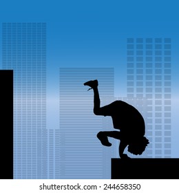 Vector silhouette of a man who does parkour in city.