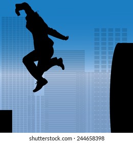 Vector silhouette of a man who does parkour in city.