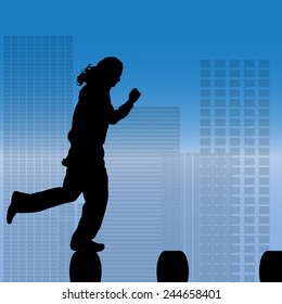 Vector silhouette of a man who does parkour in city.