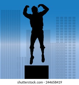 Vector silhouette of a man who does parkour in city.