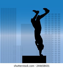 Vector silhouette of a man who does parkour in city.